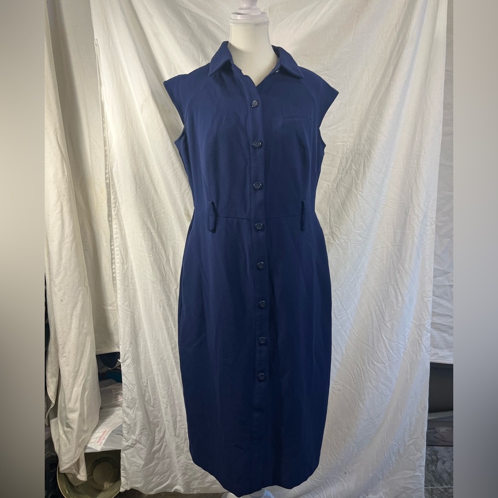 Navy Cap Sleeved Utility Midi Dress Button Up L 12